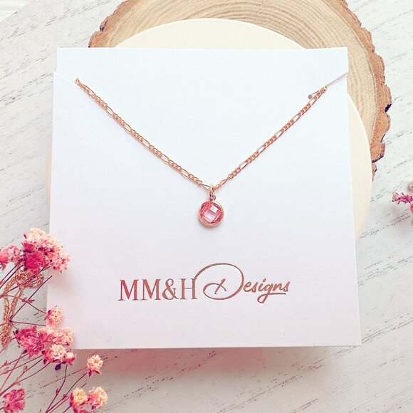 New Dainty Mini Pink Cubic Zirconia on 14k Yellow Gold Filled Chain Necklace - Picture 6 of 6
